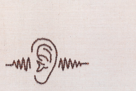 Human ear, through which is passing a sound wave,everything is made from coffee beans and the image is aligned at the bottom left.の写真素材