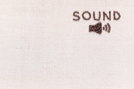 Word Sound and below it a small megaphone all made from coffee beans shot from above,aligned at the top right.の写真素材