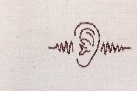 Human ear, through which is passing a sound wave,everything is made from coffee beans and the image is aligned to the right.の写真素材