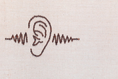 Human ear, through which is passing a sound wave,everything is made from coffee beans and the image is aligned to the left.の写真素材