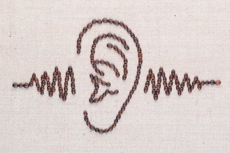Human ear, through which is passing a sound wave,everything is made from coffee beans and the image is aligned in the center, close up.の写真素材
