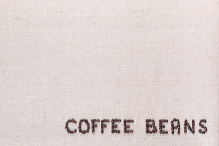 Many roasted seeds forming coffee beans writing against gray canvas background, aligned bottom rightの写真素材