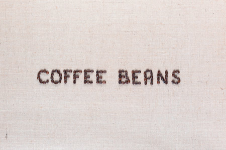 Many roasted seeds forming coffee beans writing against gray canvas background, aligned in centerの写真素材