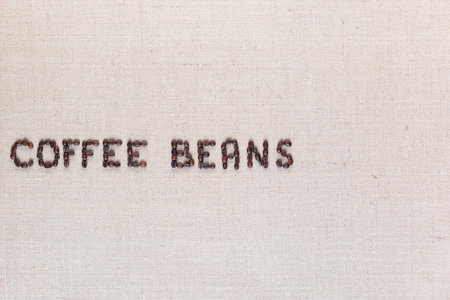 Many roasted seeds forming coffee beans writing against gray canvas background, aligned middle leftの写真素材