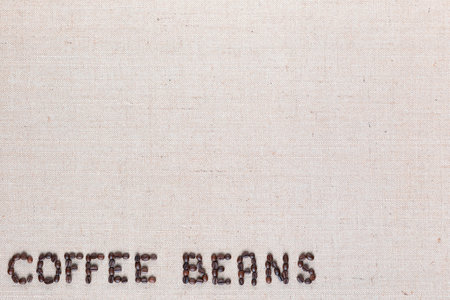 Many roasted seeds forming coffee beans writing against gray canvas background, aligned bottom leftの写真素材