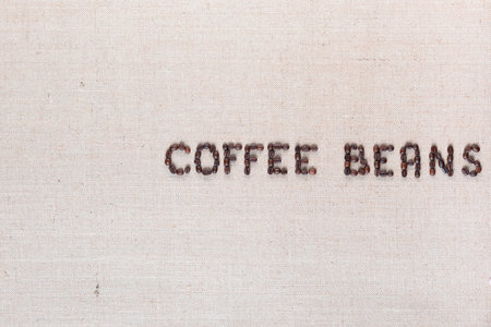 Many roasted seeds forming coffee beans writing against gray canvas background, aligned middle rightの写真素材
