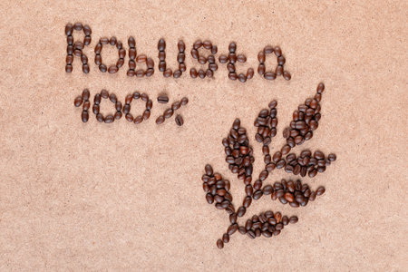 Close up of coffee branch and inscription promises 100% Robusta made of roasted beans on plywood surfaceの写真素材