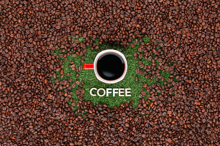 Coffee mug above word coffee, surrounded by many roasted coffee beansの写真素材