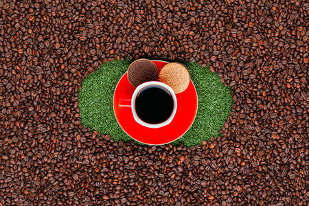 Coffee mug on red plate near two biscuits, on grass surrounded by many roasted coffee beansの写真素材