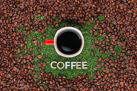 Close up of a coffee mug above word coffee, surrounded by many roasted coffee beansの写真素材