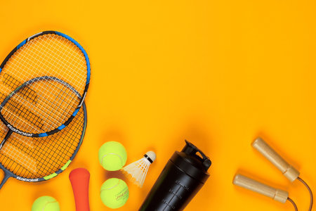 Gym equipment on yellow background, shot from above.の写真素材