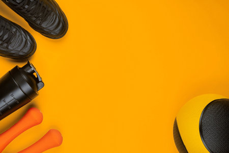 Gym equipment on yellow background, shot from above.の写真素材