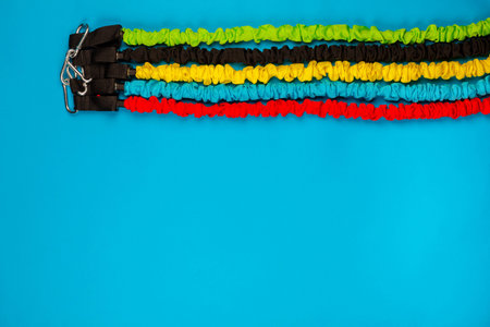 Many gym battle ropes on blue background, shot from above.