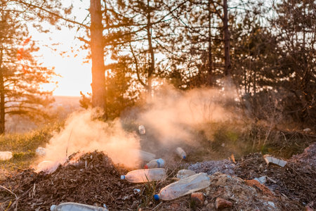 A pile of burning leaves next to a bunch of plastic bottle in the forest at sunrise.の写真素材