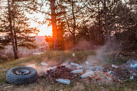 A car wheel next to a burning pile of leaves surrounded bu plastic bottles in the forest at sunrise.の写真素材