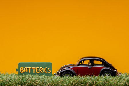 Chisinau, Moldova - August 15th 2019: A crimson car figurine aligned to the right on grass next to a green sign with the word batteries on it, on orange background.のeditorial素材