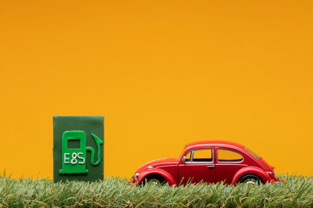 Chisinau, Moldova - August 15th 2019: A red car figurine aligned to the right on grass next to a pale green sign representing a filling station, on orange background.のeditorial素材