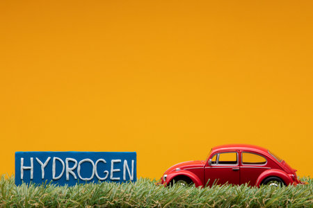 Chisinau, Moldova - August 15th 2019: A red car figurine aligned to the right on grass next to a blue sign with the word hydrogen on it, on orange background.のeditorial素材