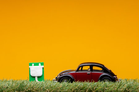 Chisinau, Moldova - August 15th 2019: A crimson car figurine aligned to the right on grass next to a pale blue sign with a electrical cable represented on it, on orange background.のeditorial素材