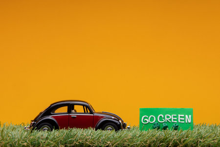 Chisinau, Moldova - August 15th 2019: A crimson car figurine aligned to the left on grass next to a green sign with the words go green on it, on orange background.のeditorial素材