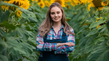 Gorgeous young female farmer standing in the middle of a green sunflower field with her hands crossed, during a sunny, beautiful day.の写真素材