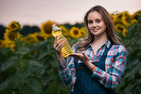 Gorgeous young female farmer standing in the middle of a green sunflower field holding a bottle of sunflower oil, during a sunny, beautiful day.の写真素材