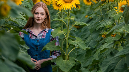 Gorgeous young farmerette standing in the middle of a green sunflower field, during a sunny, beautiful day.の写真素材