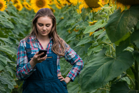 Gorgeous young female farmer standing in the middle of a green sunflower field looking at her phone, during a sunny, beautiful day.の写真素材