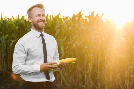 Handsome, blonde businessman holding an yellow corn and standing in the middle of a beautiful corn field during sunrise.の写真素材