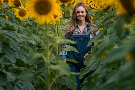 Gorgeous young female farmer walking through the middle of a green sunflower field during a sunny, beautiful day.の写真素材