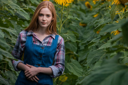 Gorgeous young farmerette standing in the middle of a green sunflower field, during a sunny, beautiful day.の写真素材