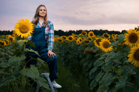 Gorgeous young female farmer standing in the middle of a green sunflower field next to a golden sunflower, during the early morning.の写真素材