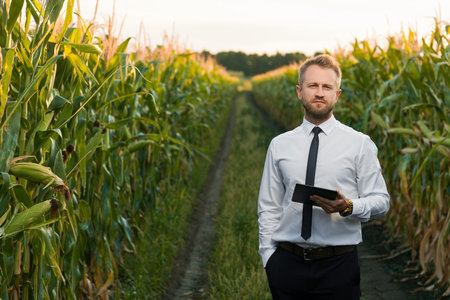 Handsome, blonde businessman holding a black tablet and standing on the road between two beautiful cornfields.の写真素材