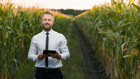 Handsome, blonde businessman holding a black tablet and standing on the road between two beautiful cornfields.の写真素材