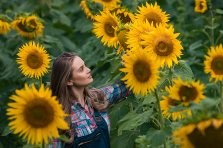 Gorgeous young female farmer standing in the middle of a green sunflower field concentrated on a golden sunflower, during a sunny, beautiful day.の写真素材