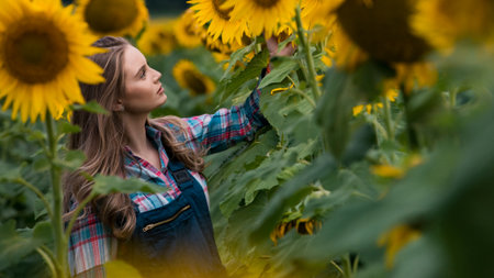 Gorgeous young female farmer standing in the middle of a green sunflower field concentrated on a golden sunflower, during a sunny, beautiful day.の写真素材