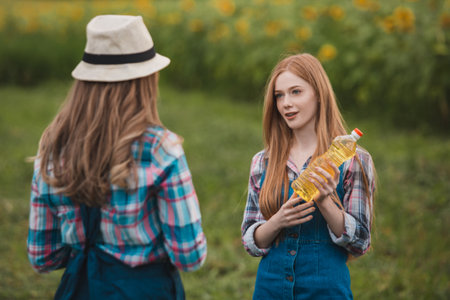 Two young, beautiful farmerettes having a discussion while one of them is holding a bottle of golden sunflower oil in the middle of a green blooming sunflower field.の写真素材