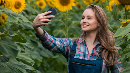 Gorgeous young female farmer standing in the middle of a green sunflower field taking a selfie, during a sunny, beautiful day.の写真素材