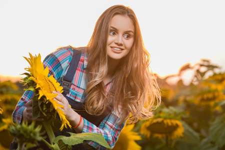 Gorgeous young female farmer standing in the middle of a green sunflower field next to a golden sunflower, during the early morning.の写真素材