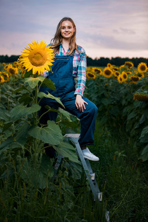 Gorgeous young female farmer standing in the middle of a green sunflower field next to a golden sunflower, during the early morning.の写真素材