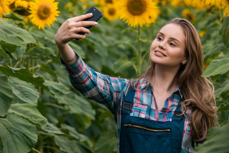 Gorgeous young female farmer standing in the middle of a green sunflower field taking a selfie, during a sunny, beautiful day.の写真素材
