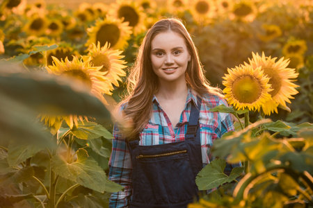 Gorgeous young female farmer standing in the middle of a green sunflower field, during a majestic sunrise in the early morning.の写真素材