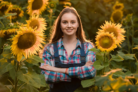 Gorgeous young female farmer standing in the middle of a green sunflower field with her hands crossed, during a majestic sunrise in the early morning.の写真素材