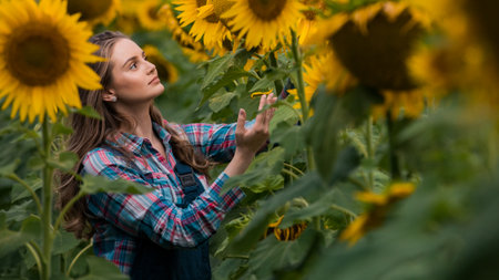 Gorgeous young female farmer standing in the middle of a green sunflower field concentrated on a golden sunflower, during a sunny, beautiful day.の写真素材