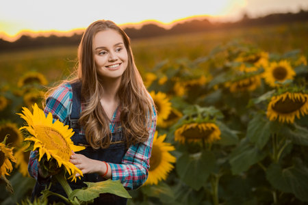 Gorgeous young female farmer standing in the middle of a green sunflower field next to a golden sunflower, during the early morning.の写真素材