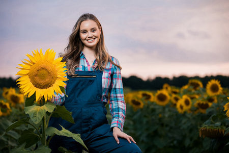Gorgeous young female farmer standing in the middle of a green sunflower field next to a golden sunflower, during the early morning.の写真素材