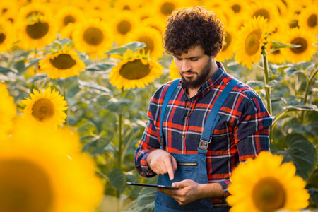 Handsome young farmer standing in the middle of a golden sunflower field making notes on his tablet during a sunny, beautiful day.の写真素材
