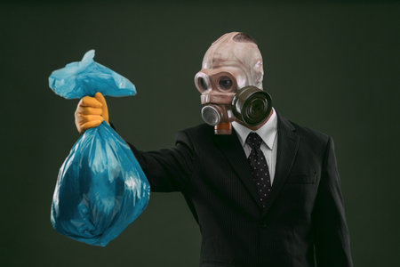 Portrait of a man wearing a dark business suit and an old gas mask holding a blue garbage bag, isolated on dark green background.の写真素材