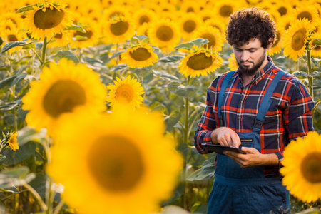 Handsome young farmer standing in the middle of a golden sunflower field making notes on his tablet during a sunny, beautiful day.の写真素材