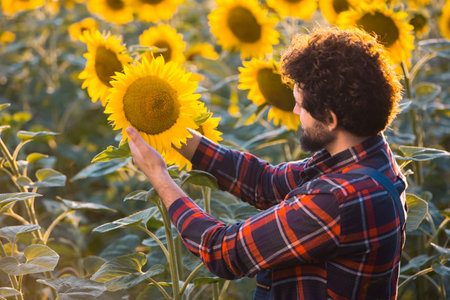 Handsome young farmer standing in the middle of a golden sunflower field examining a sunflower during a sunny, beautiful day, shot from behind.の写真素材
